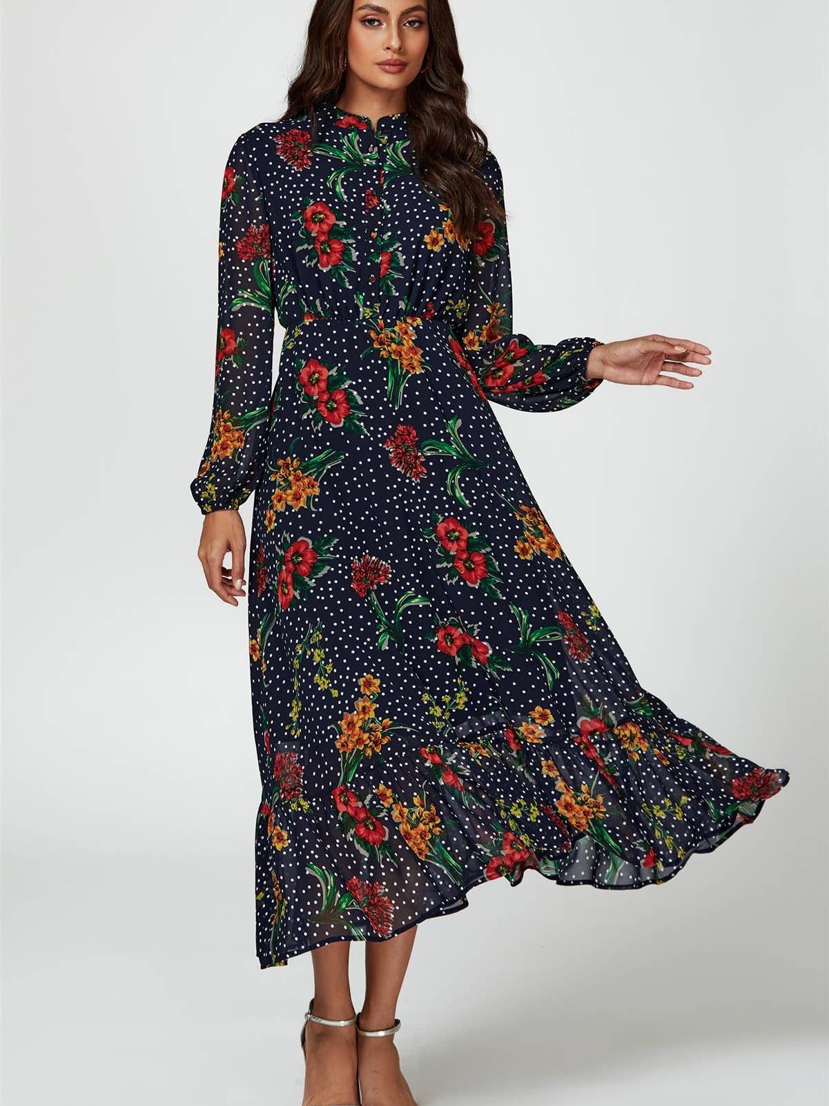 Floral Dot Print Maxi Dress in Navy