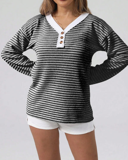 Striped Button Detail Long Sleeve Top Gray