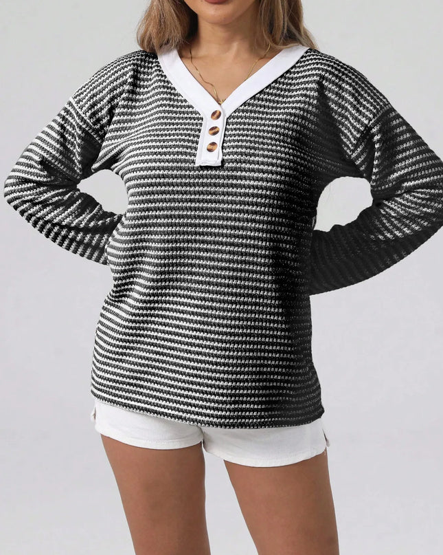 Striped Button Detail Long Sleeve Top Gray