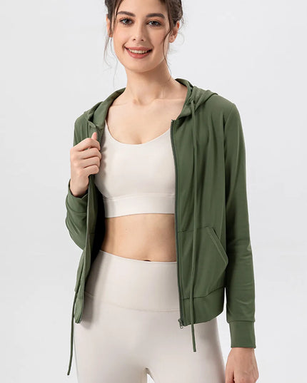 Drawstring Zip Up Hooded Active Outerwear