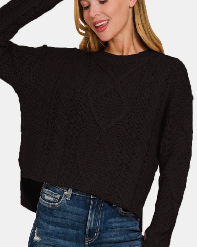 Zenana Cropped High Low Cable Sweater with Side Slits