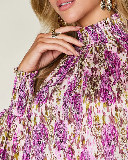 Double Take Full Size Printed Smocked Long Sleeve Blouse