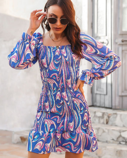 Abstract Print Square Neck Smocked Dress
