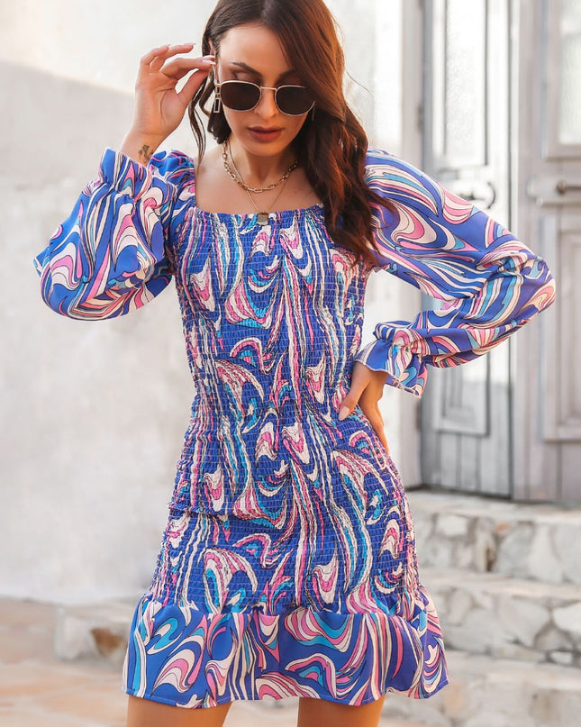 Abstract Print Square Neck Smocked Dress