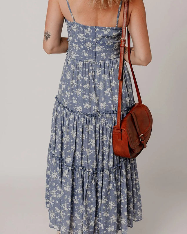 Floral Spaghetti Strap Frilled V Neck Tiered Midi Dress