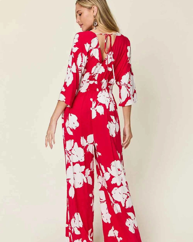 Double Take Full Size Printed Tie Back Wide Leg Jumpsuit