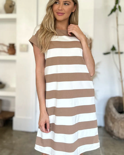 Basic Bae Full Size Striped Round Neck Cap Sleeve Mini Dress