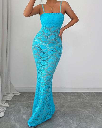 Lace Square Neck Maxi Cami Dress Peacock Blue