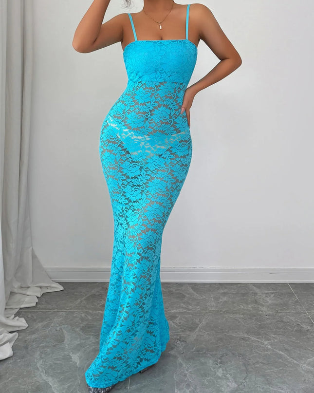 Lace Square Neck Maxi Cami Dress Peacock Blue