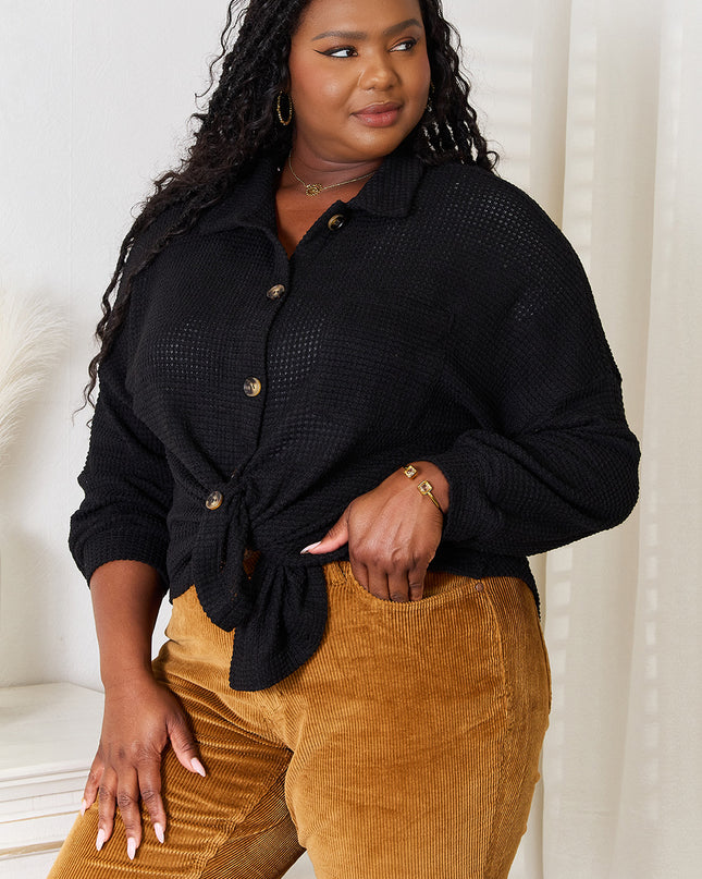 Double Take Waffle-Knit Collared Neck Dropped Shoulder Shirt