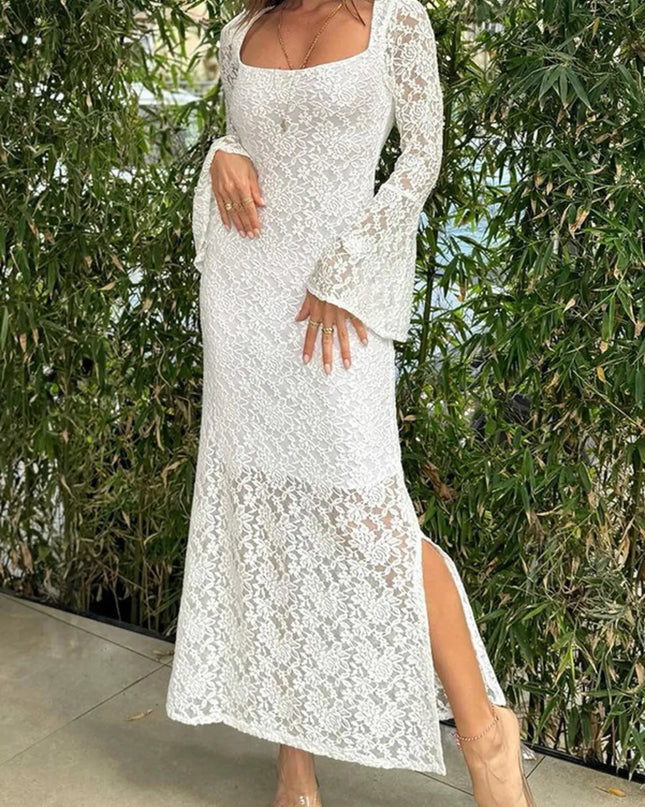 Lace Bell Sleeve Square Neck Bodycon Dress