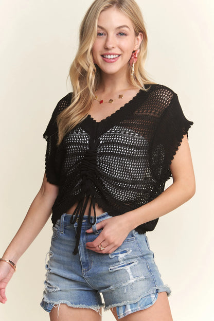 ADORA Drawstring Detail Crochet Top BLACK