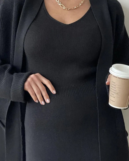 Pocketed Long Sleeve Cardigan and Skirt Sweater Set