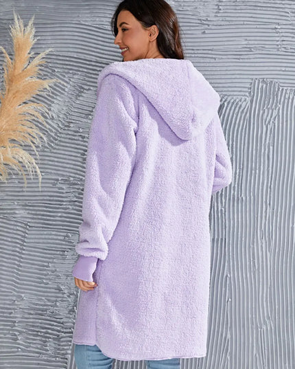 Double Take Full Size Hooded Teddy Bear Jacket with Thumbholes