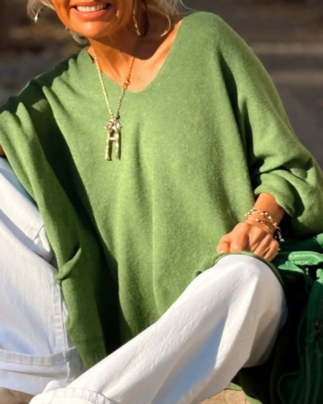 Ribbed Hem V-Neck Sweater