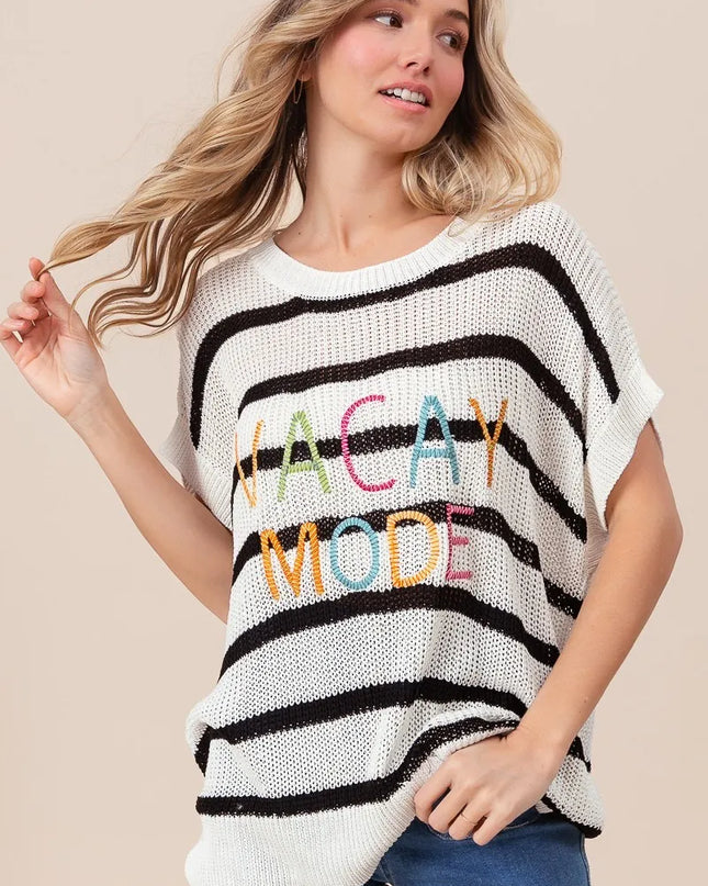 BiBi Vacay Mode Lettering Drop Shoulder Striped Sweater