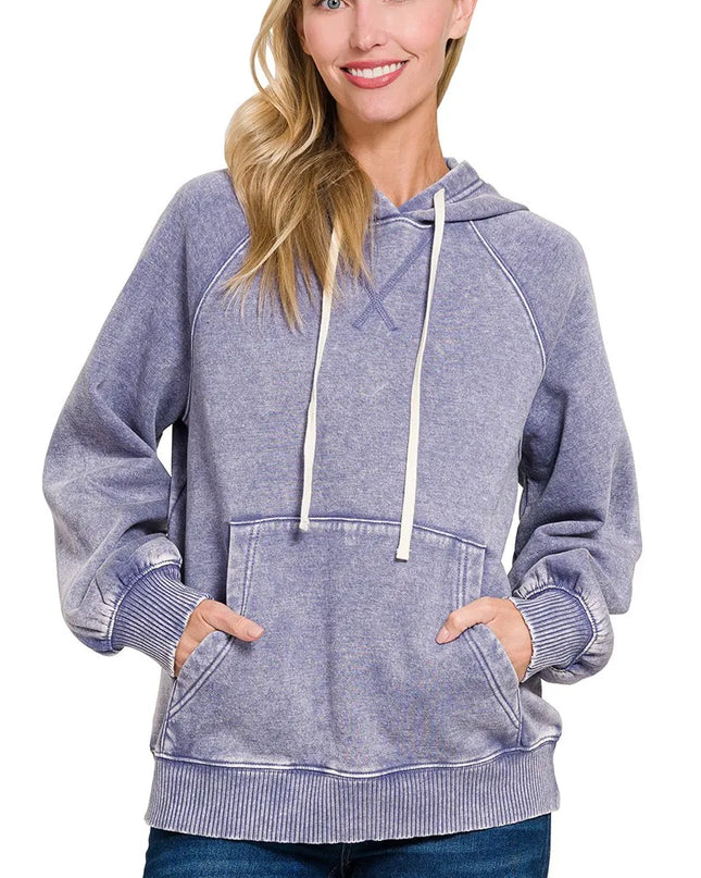 Zenana Acid Wash Fleece Hoodie with Kangaroo Pocket MARLIN