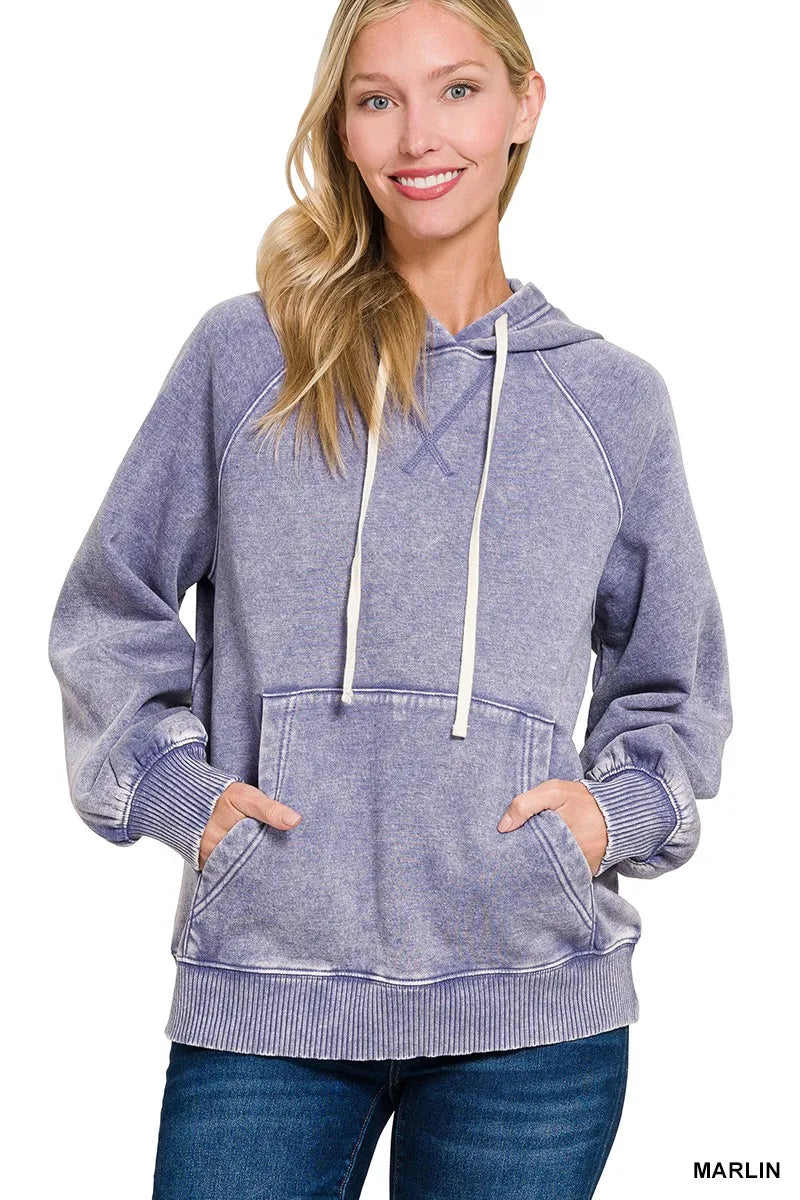 Zenana Acid Wash Fleece Hoodie with Kangaroo Pocket MARLIN