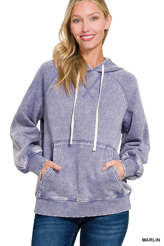 Zenana Acid Wash Fleece Hoodie with Kangaroo Pocket MARLIN