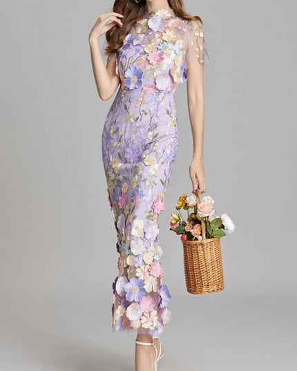 Floral Embroidered Mesh Overlay Maxi Dress