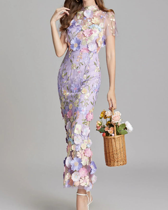 Floral Embroidered Mesh Overlay Maxi Dress