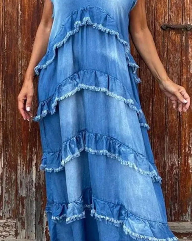 Raw Hem Layered Denim Maxi Dress 