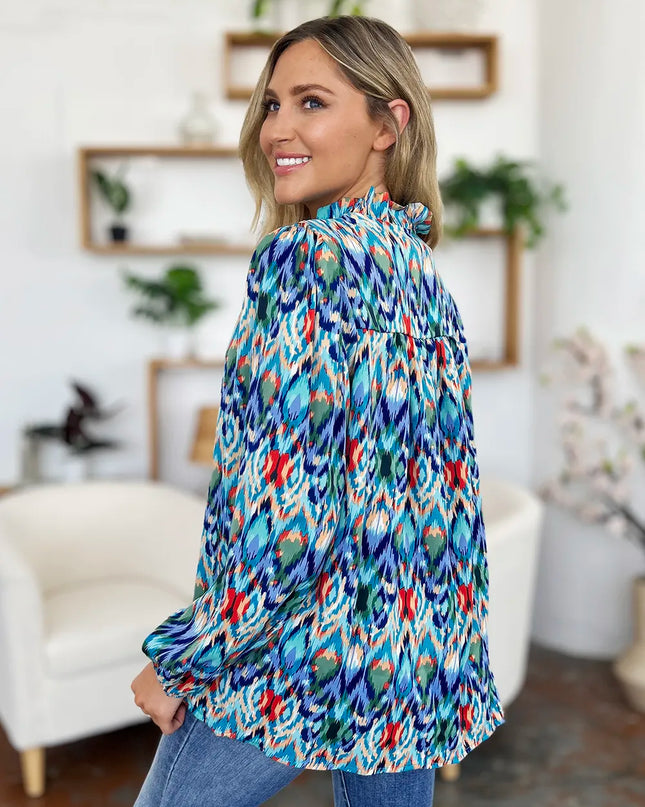 Double Take Full Size Printed Balloon Sleeve Blouse