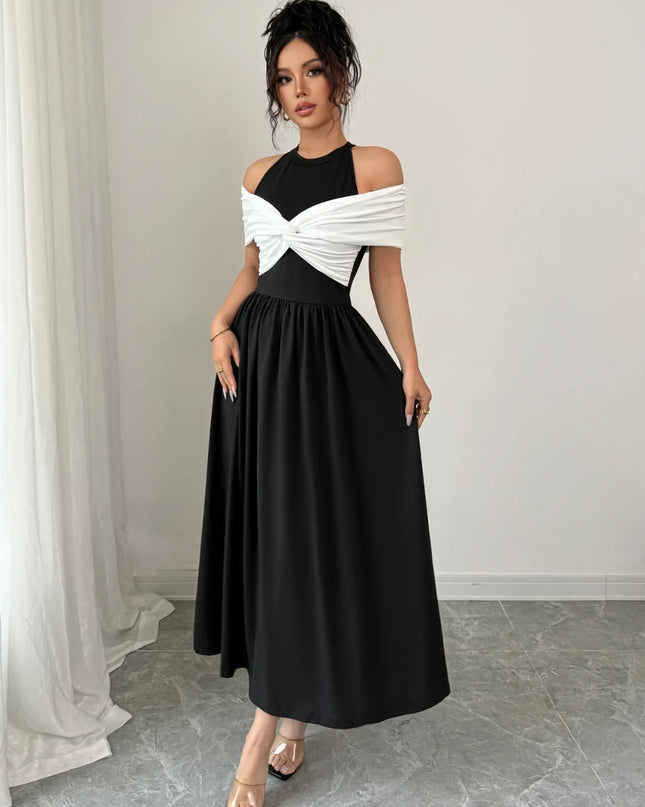 Twisted Contrast Cold Shoulder Midi Dress 