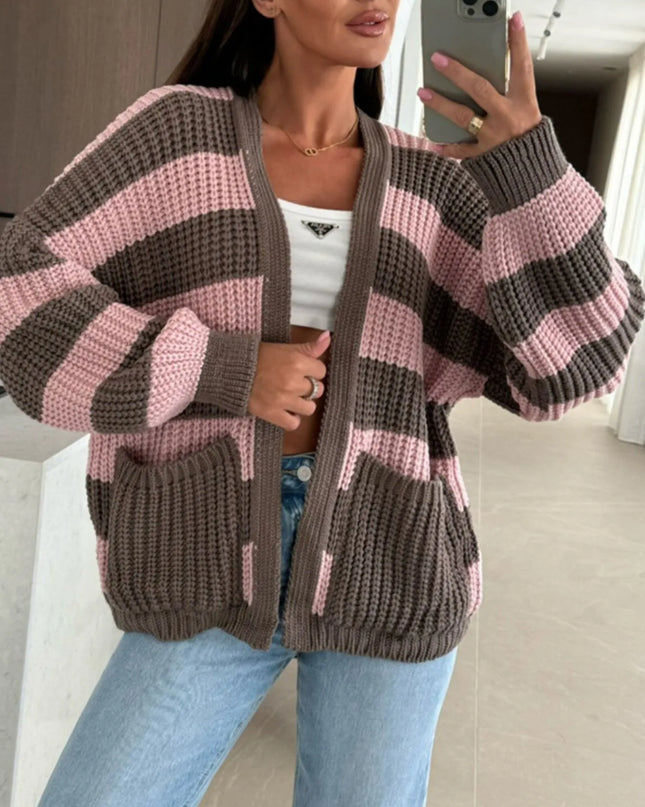 Striped Open Front Long Sleeve Cardigan