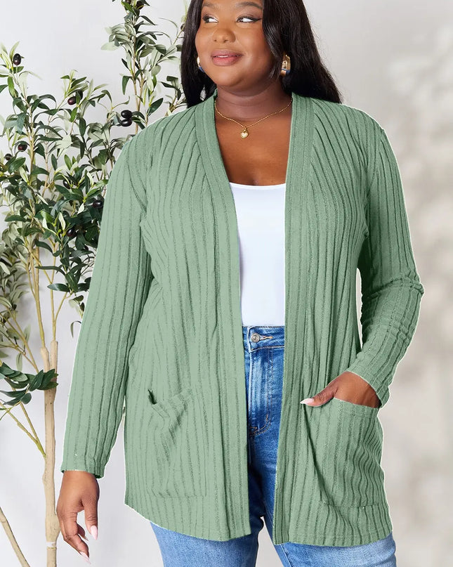 Basic Bae Full Size Ribbed Open Front Cardigan with Pockets Light Green