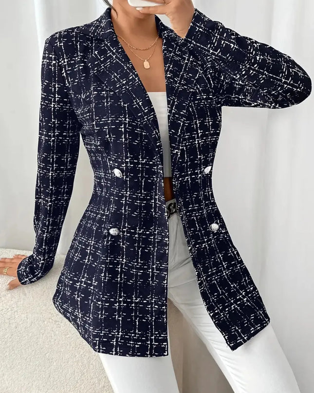 Tweed Double-Breasted Blazer Navy Blue