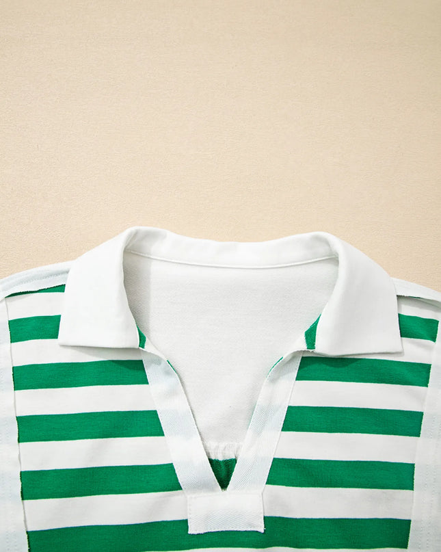Stripe Colorblock Collared V Neck Cropped Top