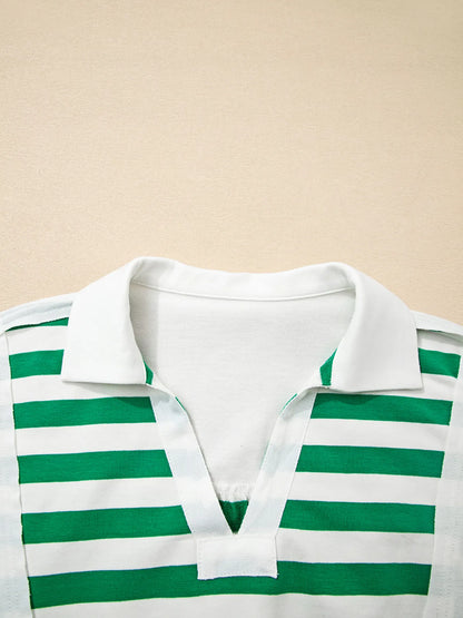 Stripe Colorblock Collared V Neck Cropped Top