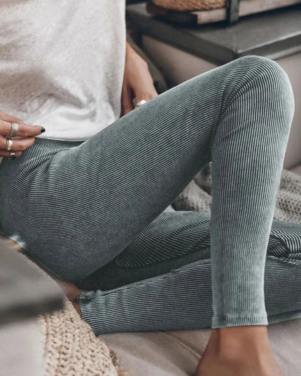 Ribbed Elastic Waist Leggings Dark Gray
