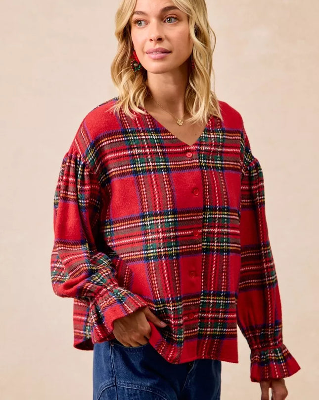 BiBi Christmas Plaid V-Neck Flounce Sleeve Jacket
