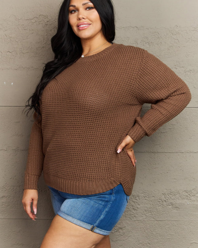 Zenana Breezy Days Plus Size High Low Waffle Knit Sweater