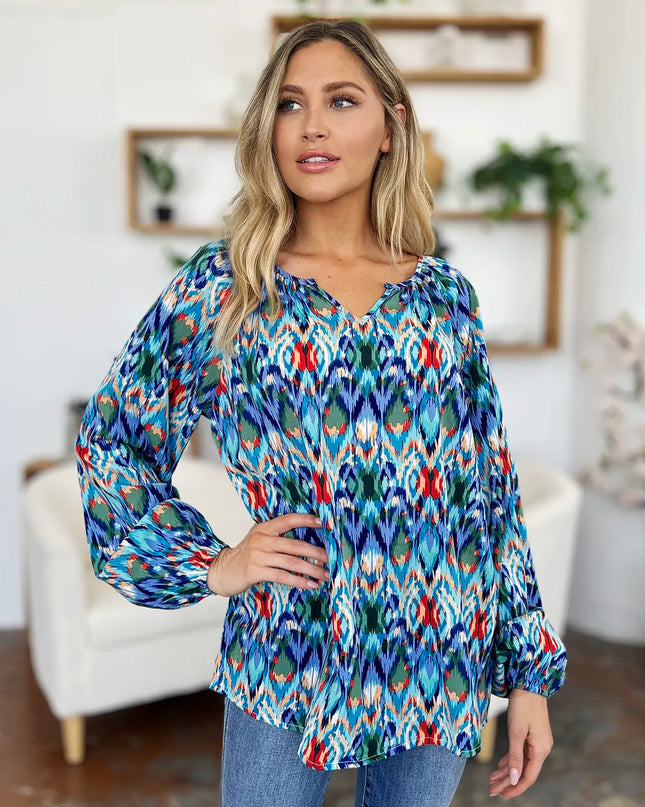 Double Take Full Size Printed Balloon Sleeve Blouse