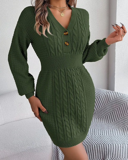 Buttoned Cable-Knit V-Neck Sweater Dress