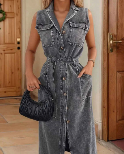 Button Front Sleeveless Denim Dress
