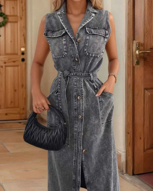 Button Front Sleeveless Denim Dress