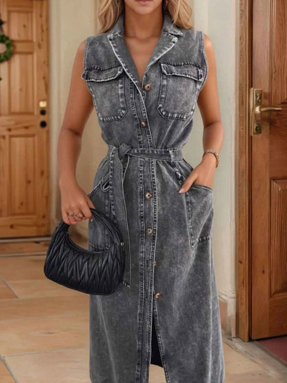 Button Front Sleeveless Denim Dress