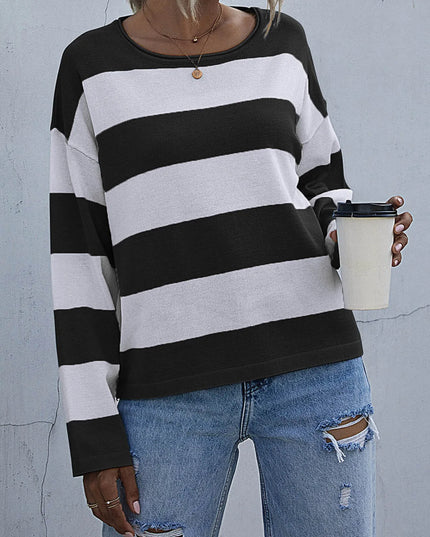 Striped Casual Long Sleeve Knit Top Black