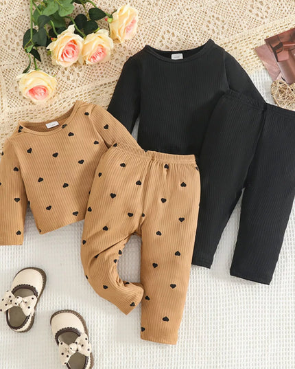 Children's Heart Print Ribbed Top and Pants Set Brown