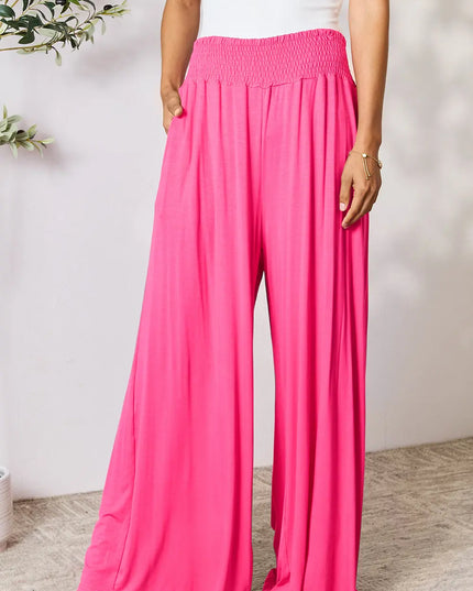 Basic Bae Full Size Smocked Wide Waistband Wide Leg Pants Hot Pink
