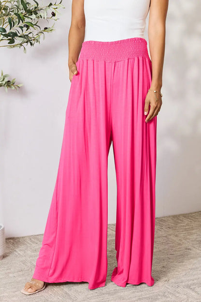 Basic Bae Full Size Smocked Wide Waistband Wide Leg Pants Hot Pink