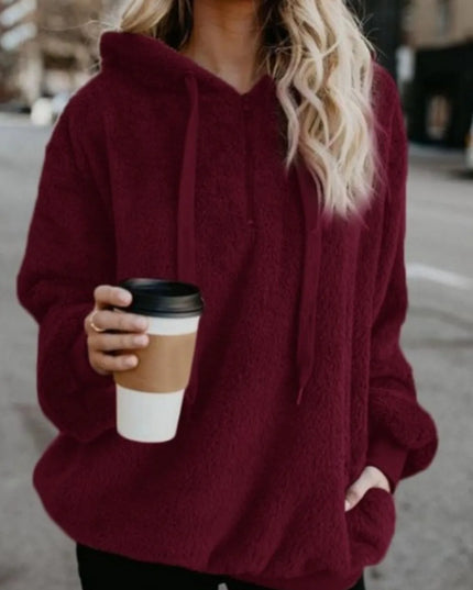 Full Size Quarter-Zip Drawstring Teddy Hoodie Burgundy