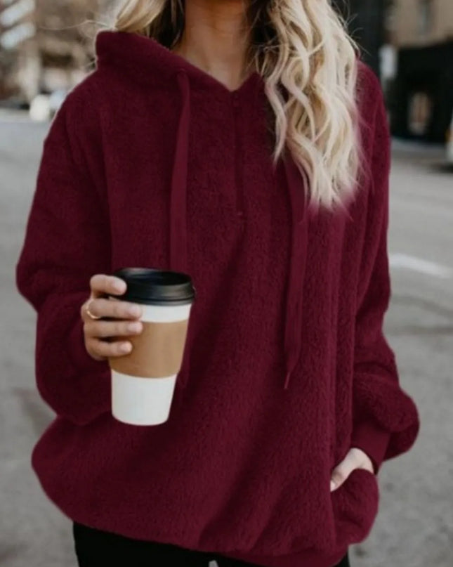 Full Size Quarter-Zip Drawstring Teddy Hoodie Burgundy