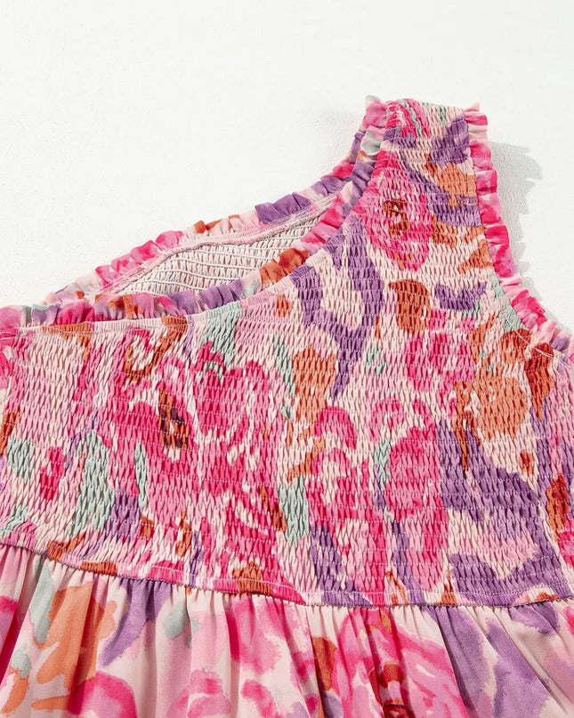 Floral Print Shirred One Shoulder Maxi Dress