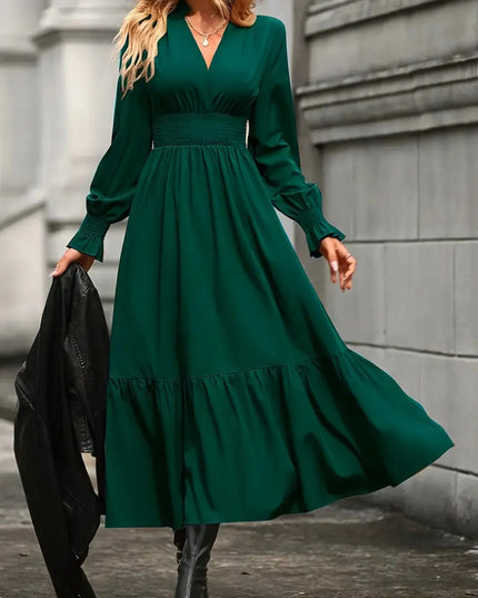 Notched Long Sleeve Tiered Dress