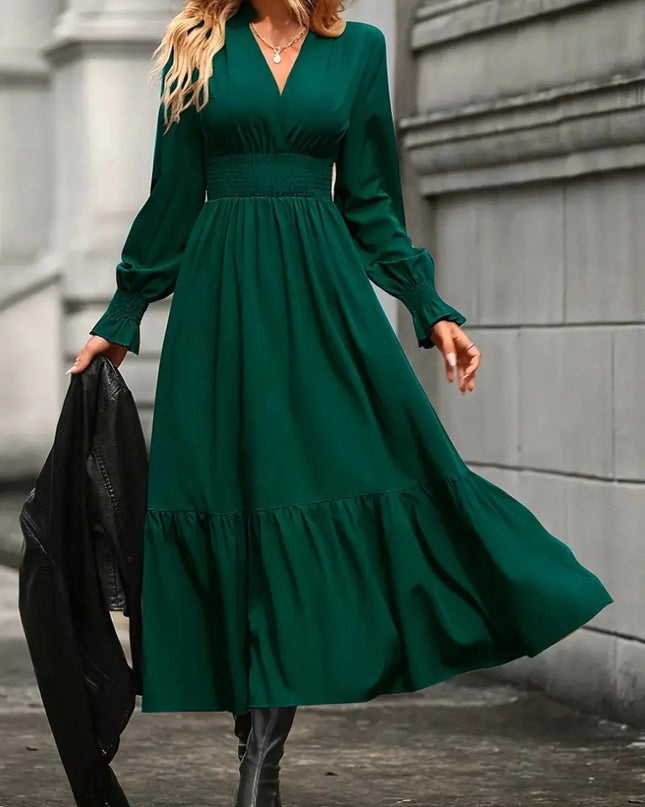 Notched Long Sleeve Tiered Dress